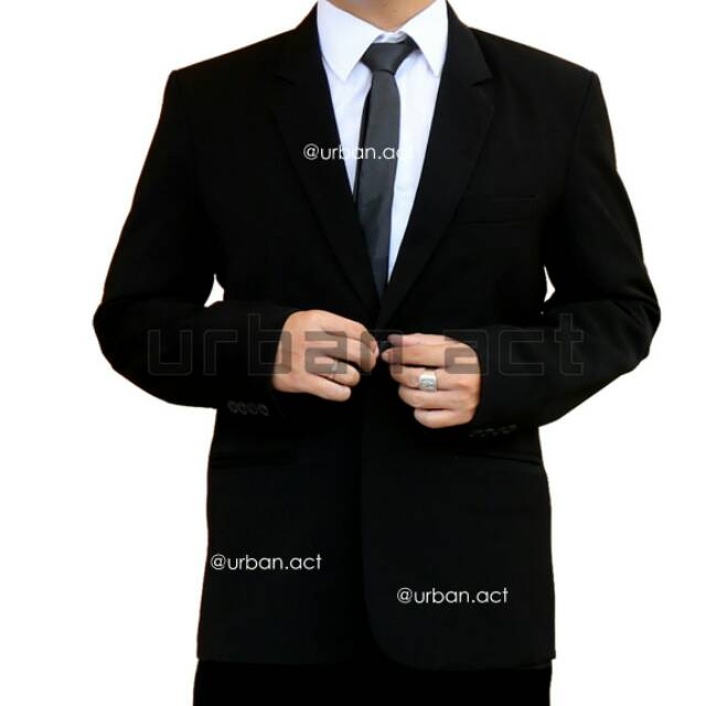 Jas formal pria slim fit kancing 1 single button bahan jetblack hitam pekat urban act