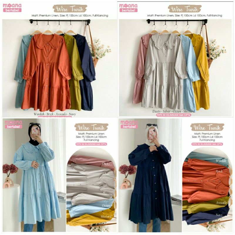 Wire Tunik ori Moana Ruffle Kerah Collar Busui Kancing Full Bawah Matt Premium Linen Rempel ld 100cm