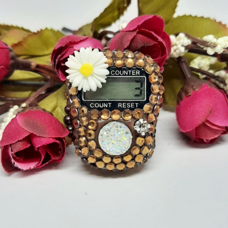 tasbih digital hias coklat bunga matahari swarovsky led alarm souvenir swarovsky mewah lucu simple