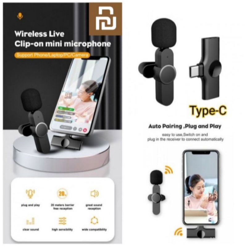 CLIP ON WIRELESS TYPE C PLUG AND PLAY MICROPHONE BLUETOOTH UNTUK NGEVLOG / TIKTOK / YOUTUBE