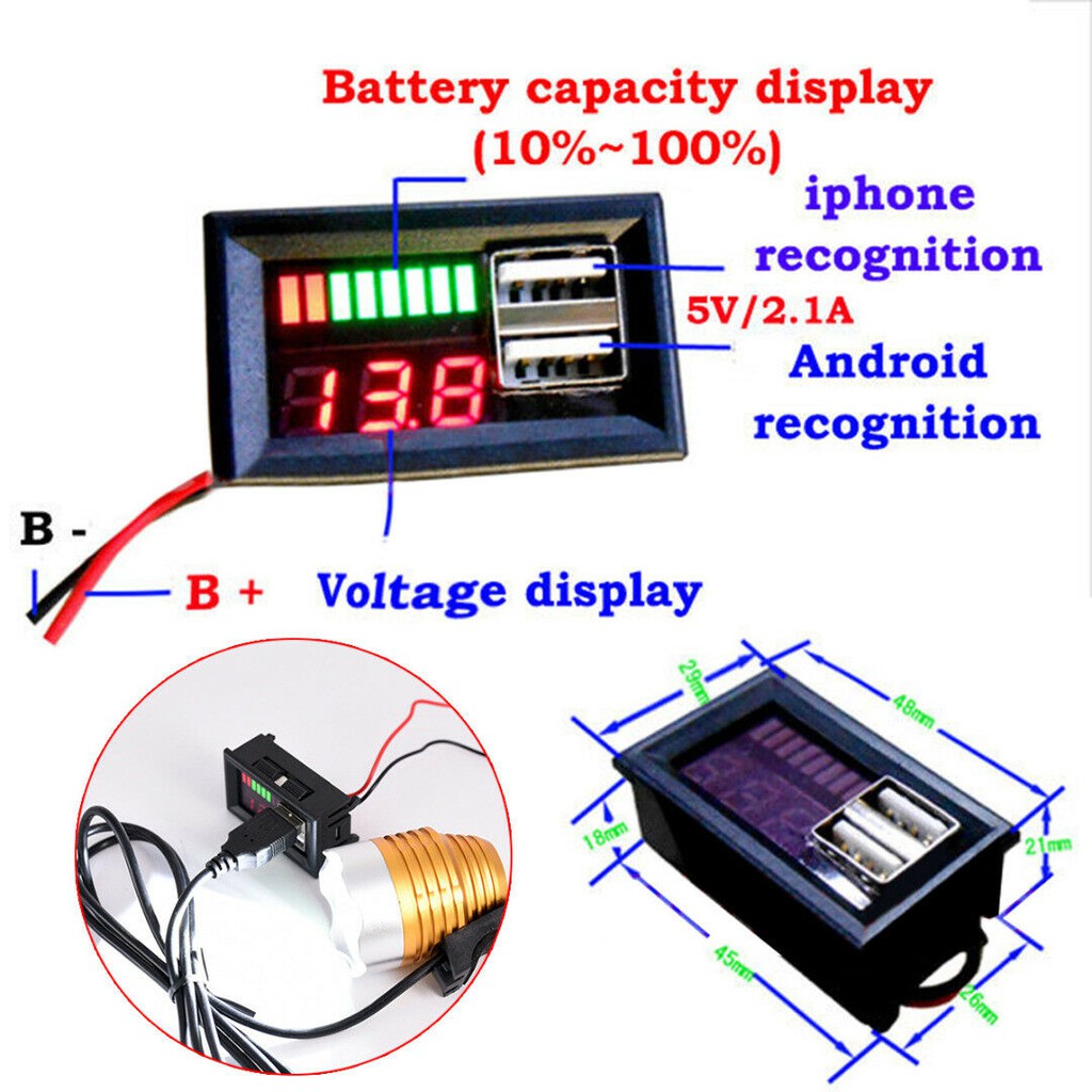 Dual Battery Capacity Indicator Voltage Meter 2 USB Port Charger HP Baterai Aki 12V Mobil Motor