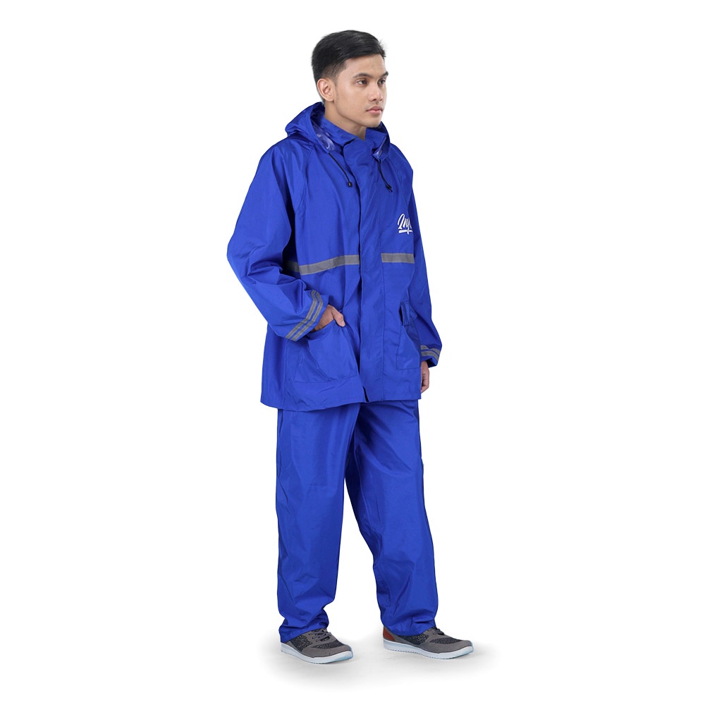 Jas Hujan Pria Bahan Taslan Balon Waterproof Setelan Jaket Celana Stiker Reflector Warna Biru