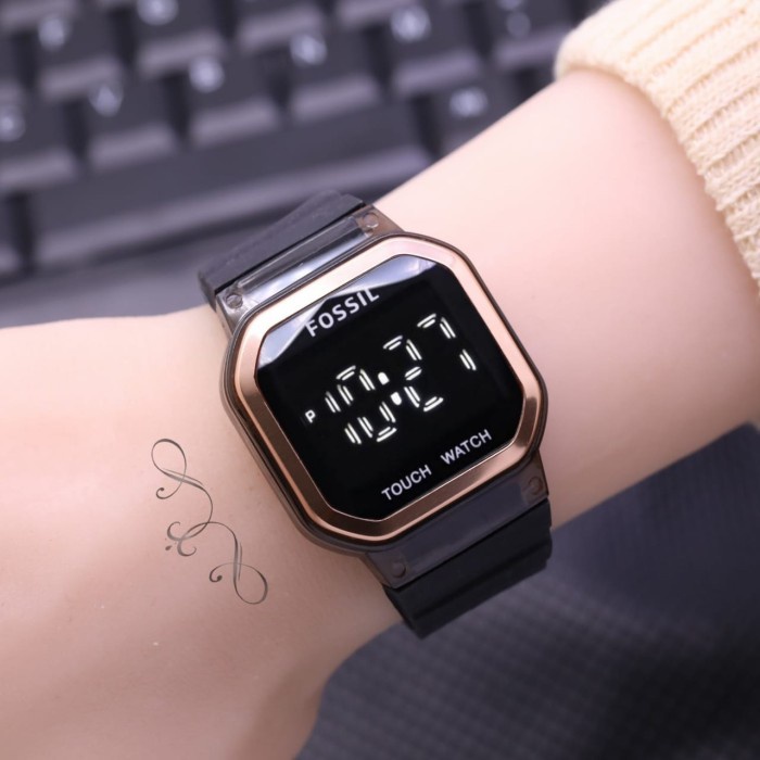 Jam tangan wanita fossil digital led touch screen strap rubber 37mm - Hitam