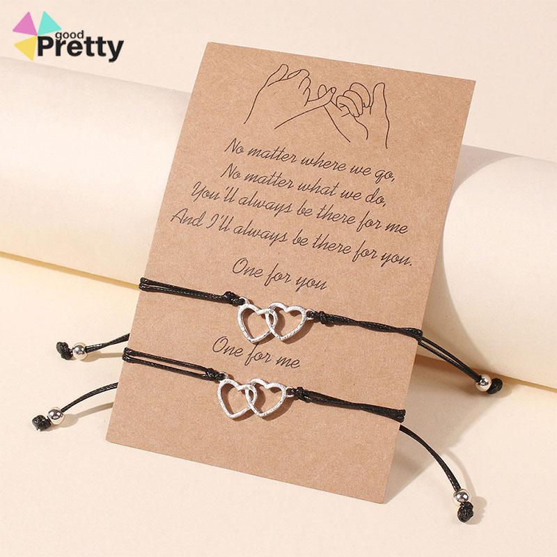 2 Pcs Fashion Ganda Bentuk Hati Gelang Adjustable Tenun Wanita Pria Gelang Pasangan Hadiah Perhiasan Aksesoris - PD