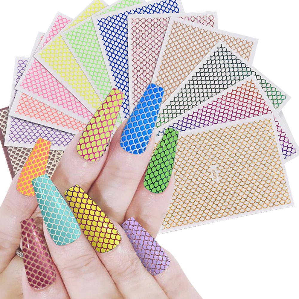 MXBEAUTY 3d Nail Art Sticker Set 12pcs Fashion Hologram Garis Desain Kerut Laser Dekorasi Kuku Perekat Diri Melubangi Patch Kuku