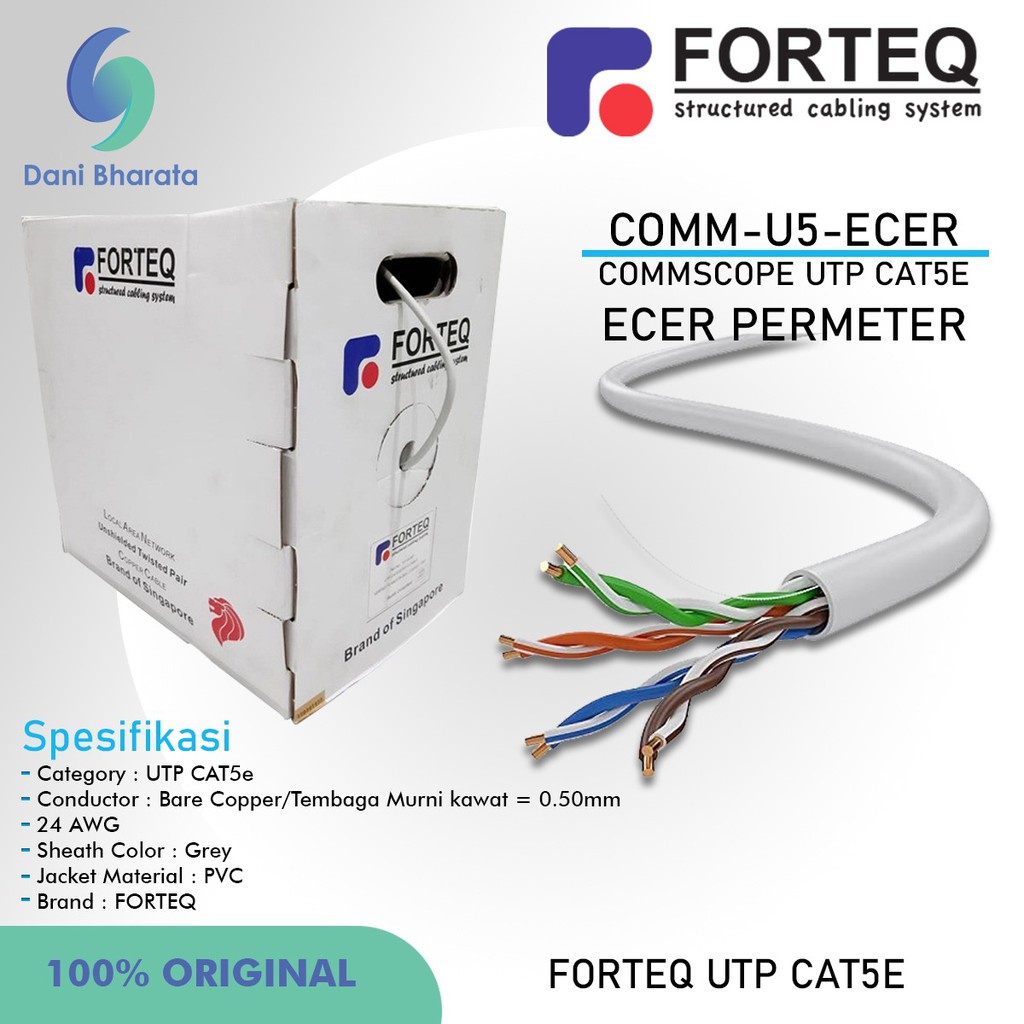 Kabel UTP CAT5e Ecer permeter Kabel LAN UTP CAT5e Full Copper Ecer-Meter Merk FORTEQ kabel ANTI API