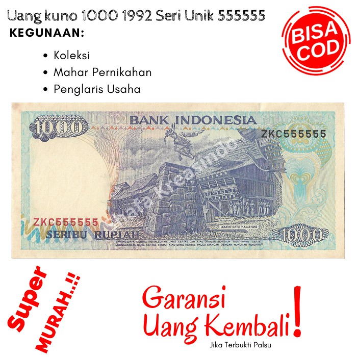 Uang asli Uang mahar Uang kertas Uang langka Uang Seri cantik 555555 pecahan 1.000 Rupiah 1992 gress
