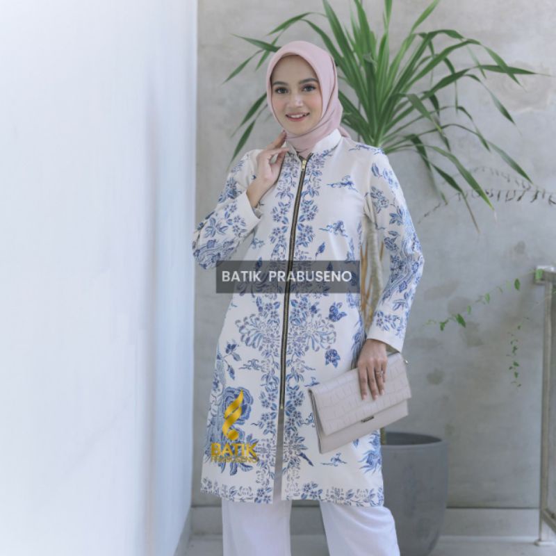TUNIK Batik MOTIF BIANCA Bahan Katun Printing Handmade Lapis Trikot Zipper Depan  (Busui Friendly) M
