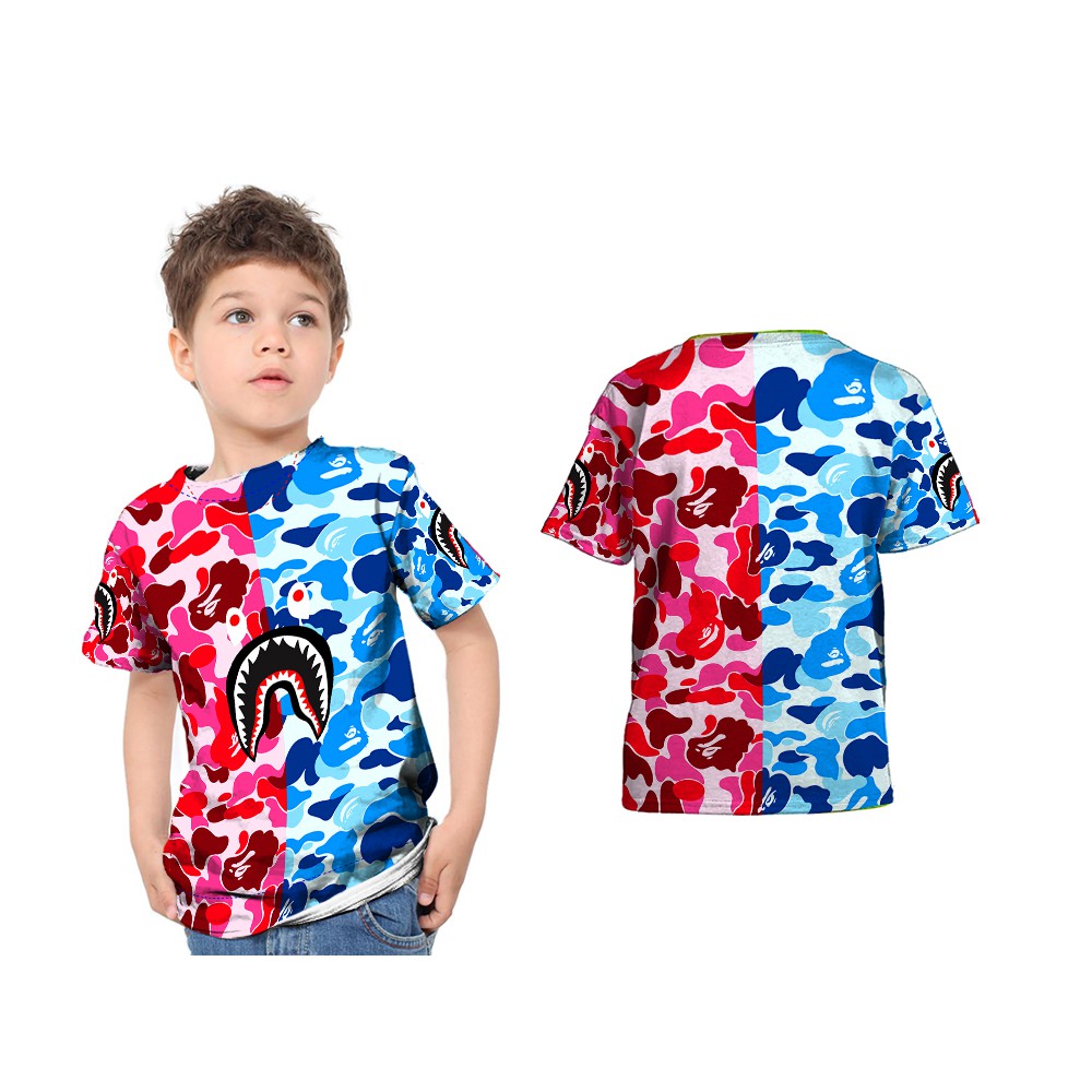 BAPE SHARK Pink-Blue Kaos Anak Fullprint T-Shirt Kekinian