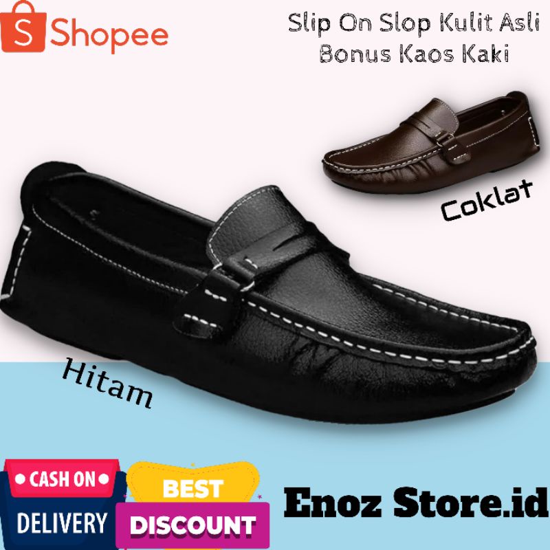 Sepatu Slop Kulit Asli Pria ENOZ Javier Slip On Casual Santai Mocasin Bloes Murah Hitam Coklat