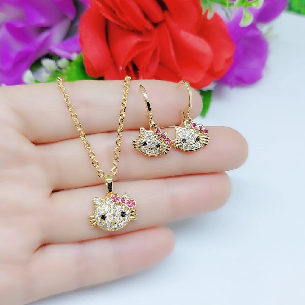 Xuping kalung dan anting Hello Kitty permata lapis emas 0255,0256