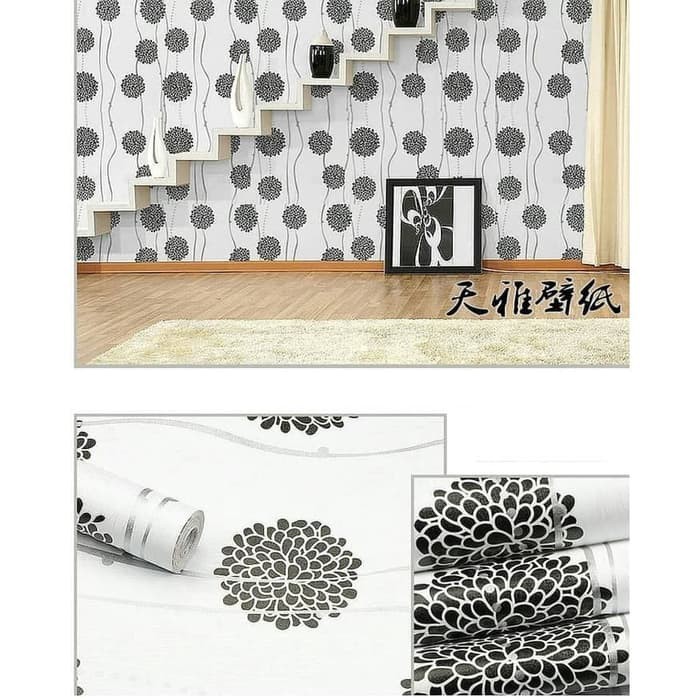 Wallpaper sticker dinding / Wallpaper dinding  motif bunga ring hitam putih ukuran 45cm x 10 m