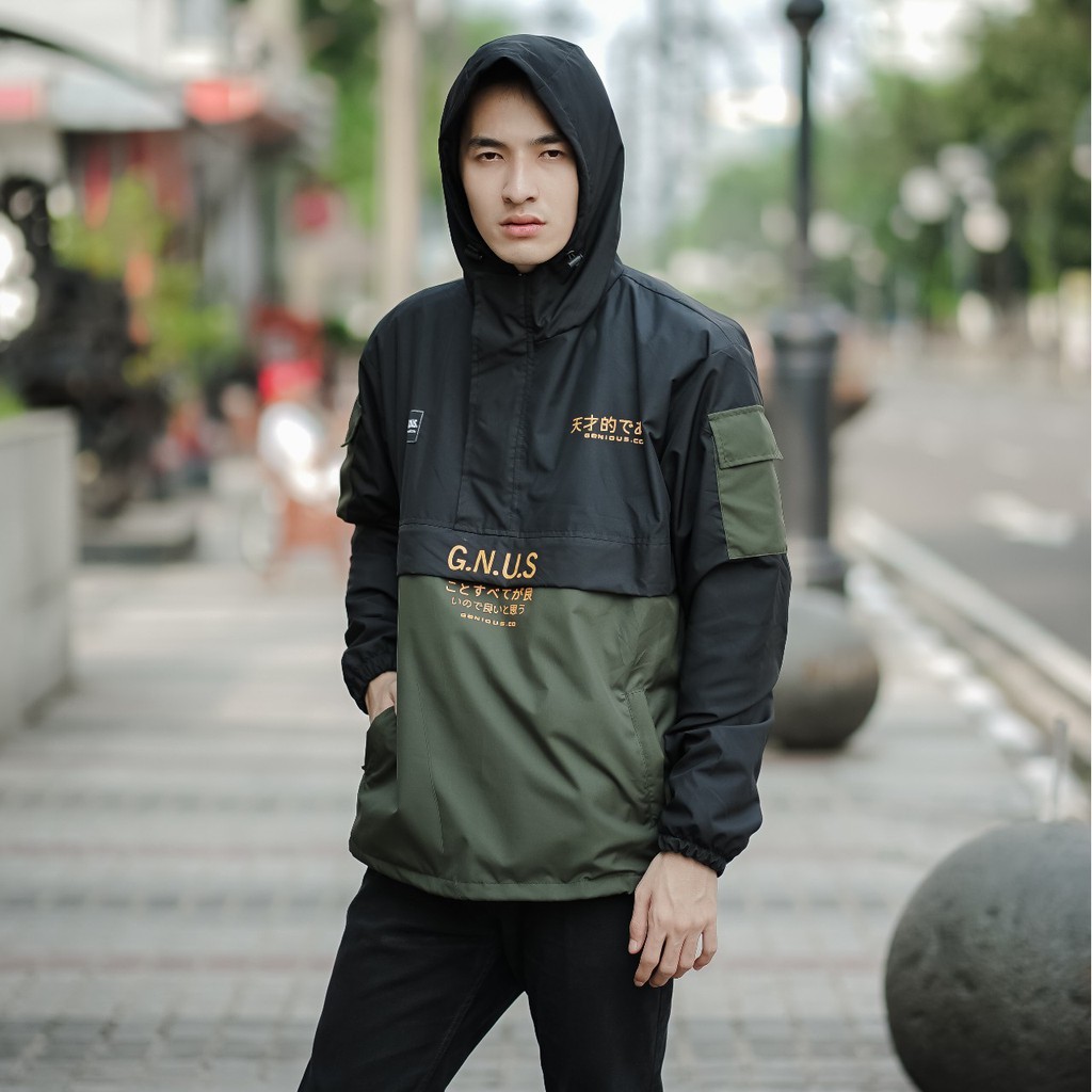 GENIOUS Jaket Cougle HItam Hijau Jaket Parasut Pria Jaket Outdoor