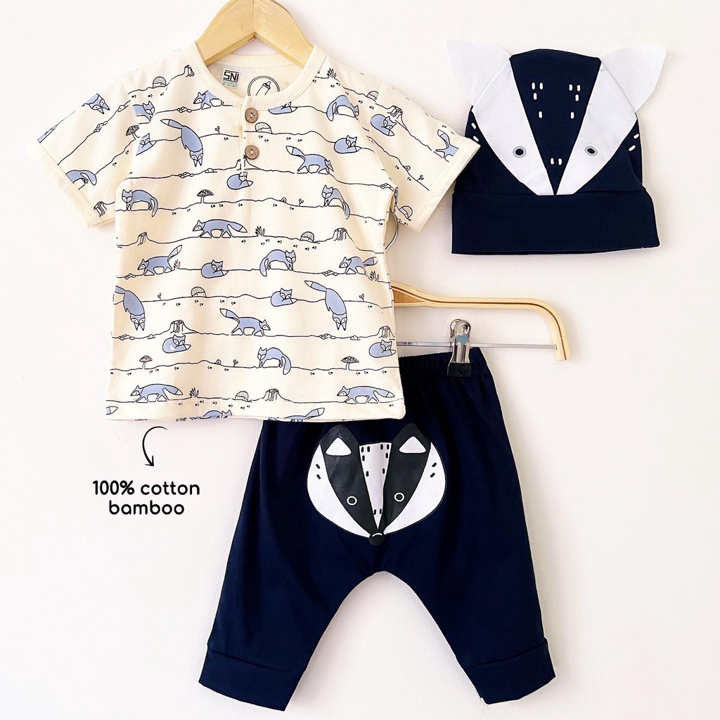 FOX AND BADGER SUIT by Babybeb (ber SNI) / BEAR CUB Baju Setelan Kaos Celana Pergi Jalan Lucu Fashion Anak Bayi Cowok Laki Terlaris Lucu