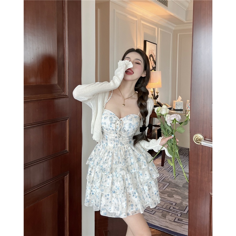 Mini Dress Sling Dress Bahasa Perancis Lembut Floral Peri Rok Musim Panas Desain Pinggang Kecil Puff