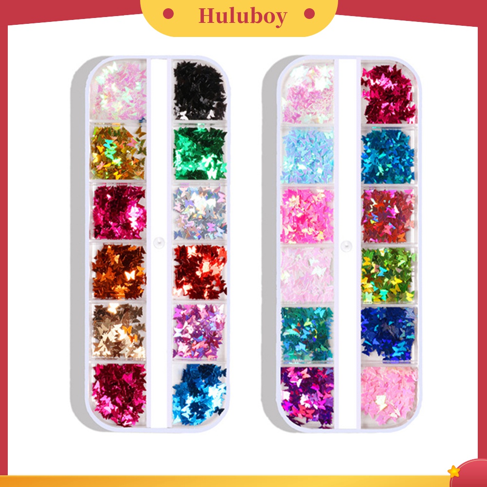Huluboy Huluboy♡ Stiker Sequin Glitter Kupu-Kupu 12 Warna Untuk Dekorasi Nail Art DIY