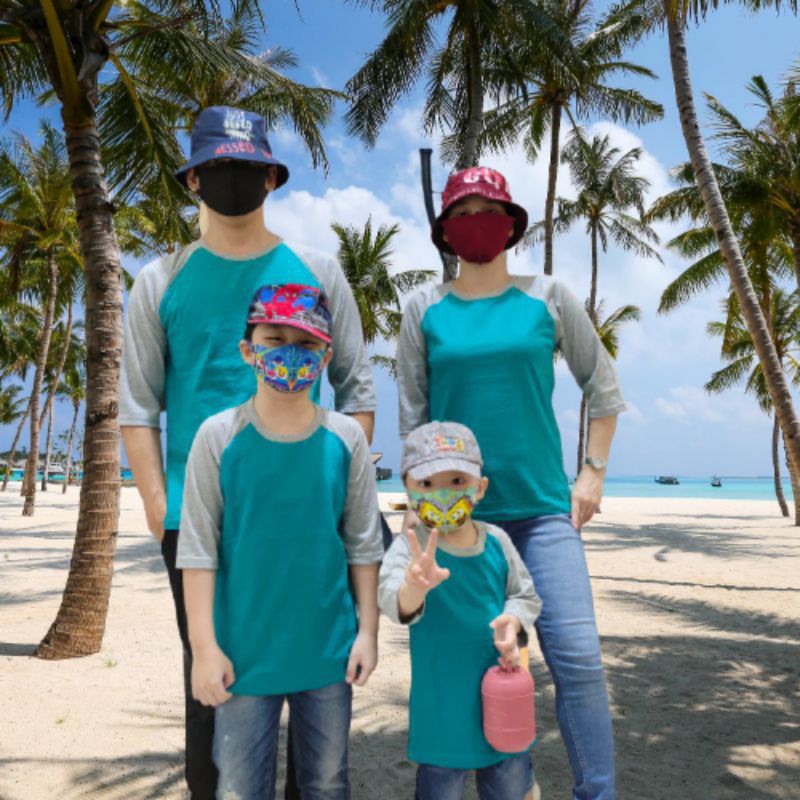 Kaos Couple Family Hijau Tosca Lengan Abu 3/4 Untuk Anak Dan Dewasa Ukuran 20 22 S M L XL XXL