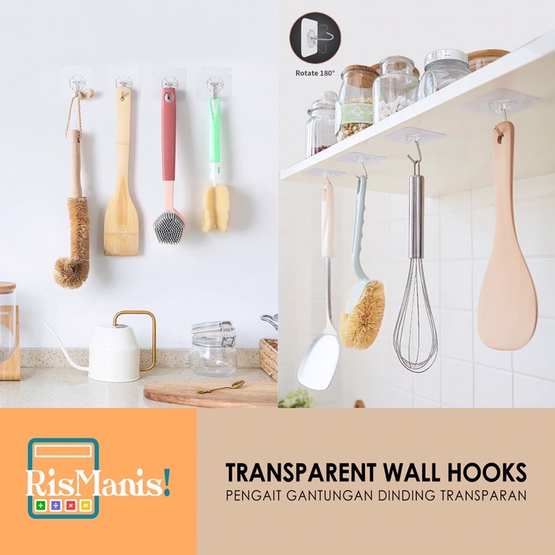 TRANSPARENT WALL HOOKS - Pengait Gantungan Dinding Kamar Toilet Dapur Baju Kunci Serbaguna Kuat