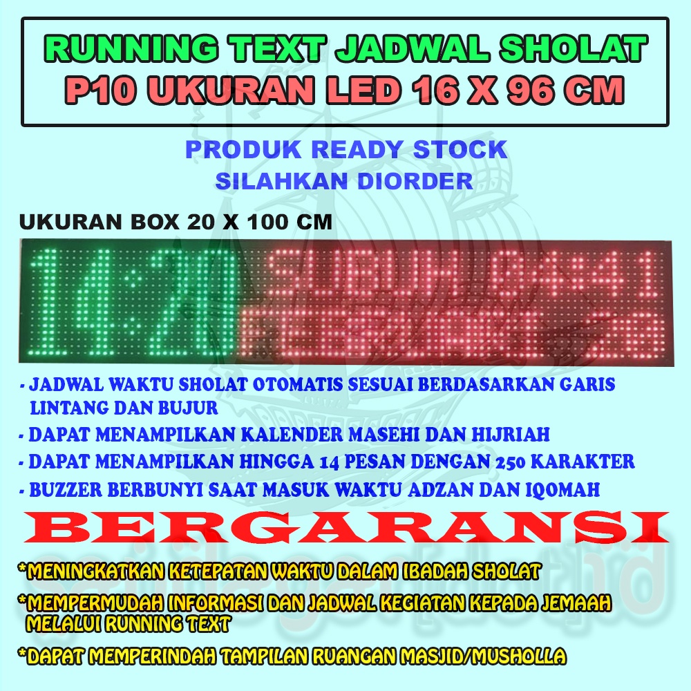 RUNNING TEXT JWS JADWAL SHALAT P10 MERAH HIJAU PUTIH 16X96 PIXEL