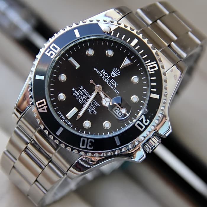 Jam Tangan Rolex Pria Tanggal Aktif Free Box - Silver plat Hitam