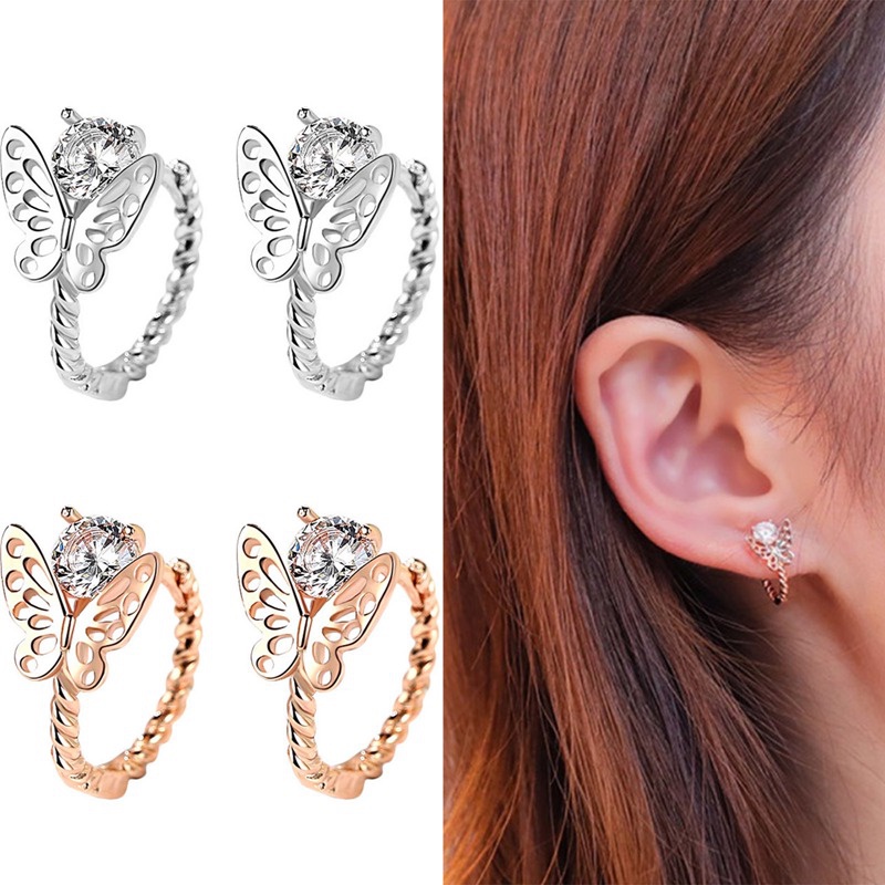 Perhiasan Anting Klip Tulang Rawan Palsu Model Kupu-Kupu Rongga Bahan Logam Gaya Vintage Untuk Wanita