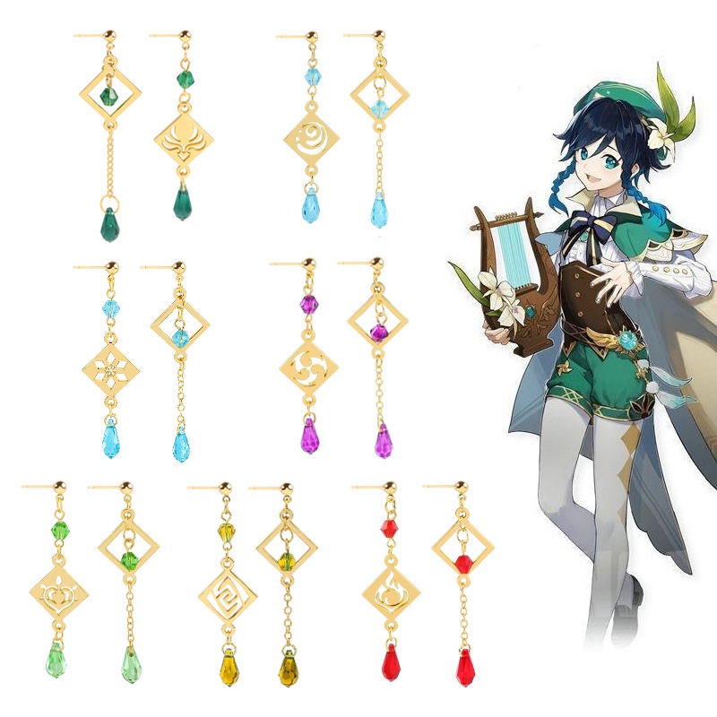 Anting Liontin 7 Element Barbatos Venti Asimetris Bahan Logam Untuk Wanita