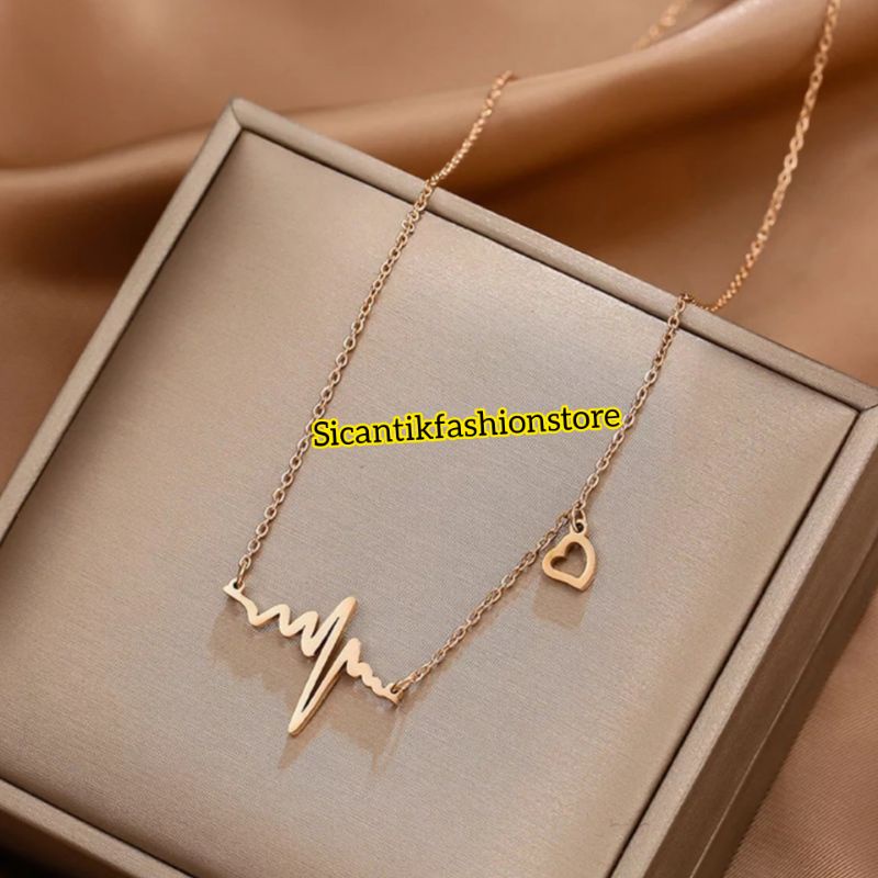 Kalung Wanita Titanium Liontin Detak Jantung Gold Anti Karat selamanya Kalung Titanium Wanita Terbaru Terlaris Mewah Kekinian Fashion Wanita Liontin Detak Jantung Gold