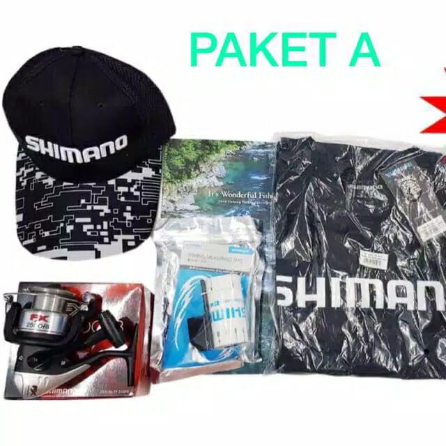 PAKET SHIMANO GOODIE BAG / REEL SHIMANO FX 2500 FB / BAJU KAOS SHIMANO/TOPI/ FISHING MEASURING TAPE