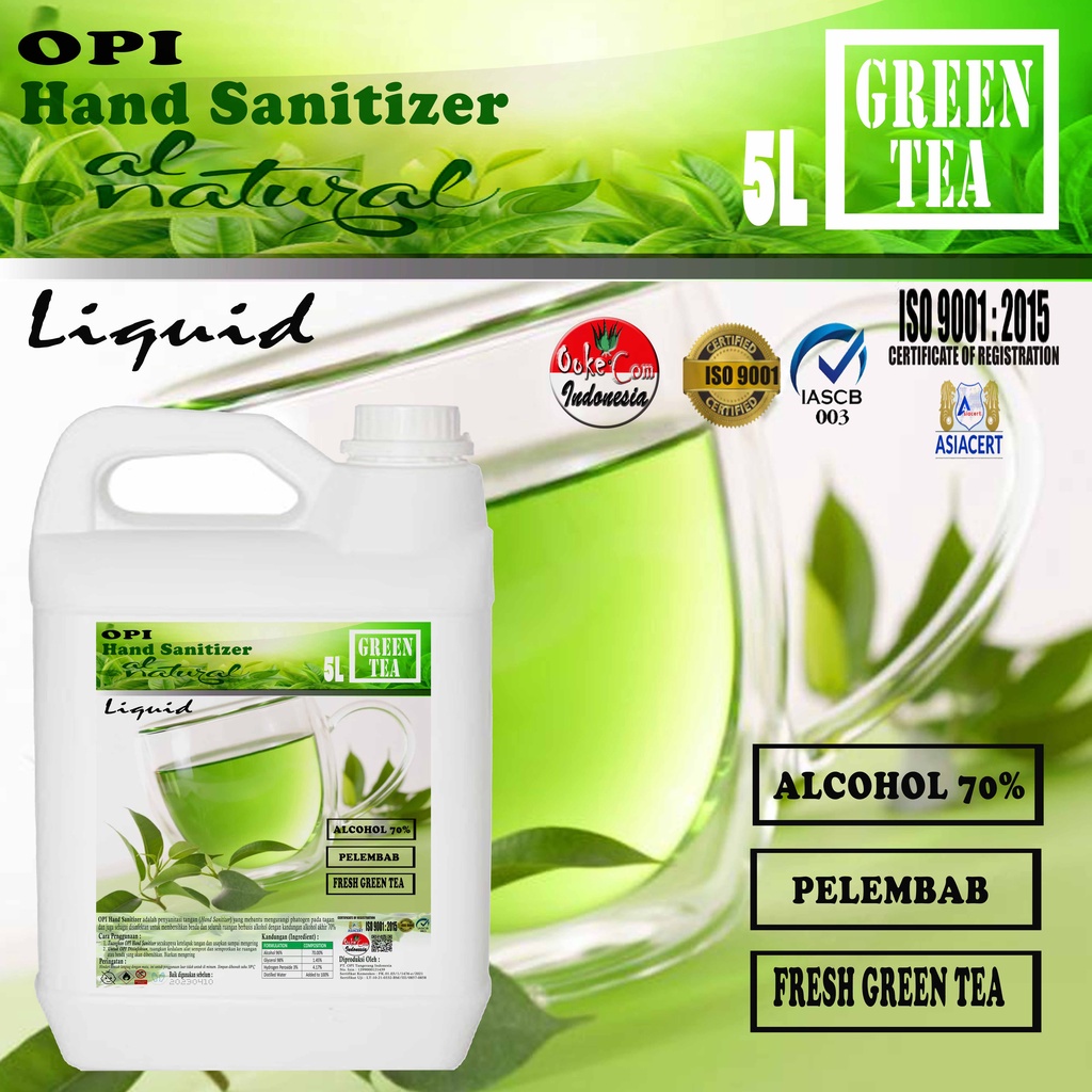 Hand Sanitizer 5 Liter Green Tea segar  siap pakai tidak lengket ditangan (Alko Base, Non Alko Base) sudah ada izin edar resmi by Oke sabun suplayer 2