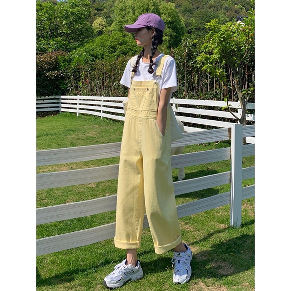 Overall denim segar wanita 2022 baru versi Korea dari celana panjang siswa jumpsuit lurus kaki lebar