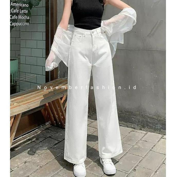 Kulot jeans putih polos highwaist celana jeans wanita kekinian murah