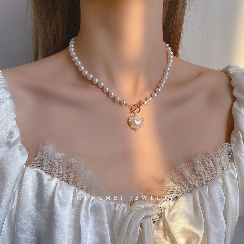 Kalung Choker Rantai Emas Hias Liontin Hati Kristal Mutiara Untuk Wanita