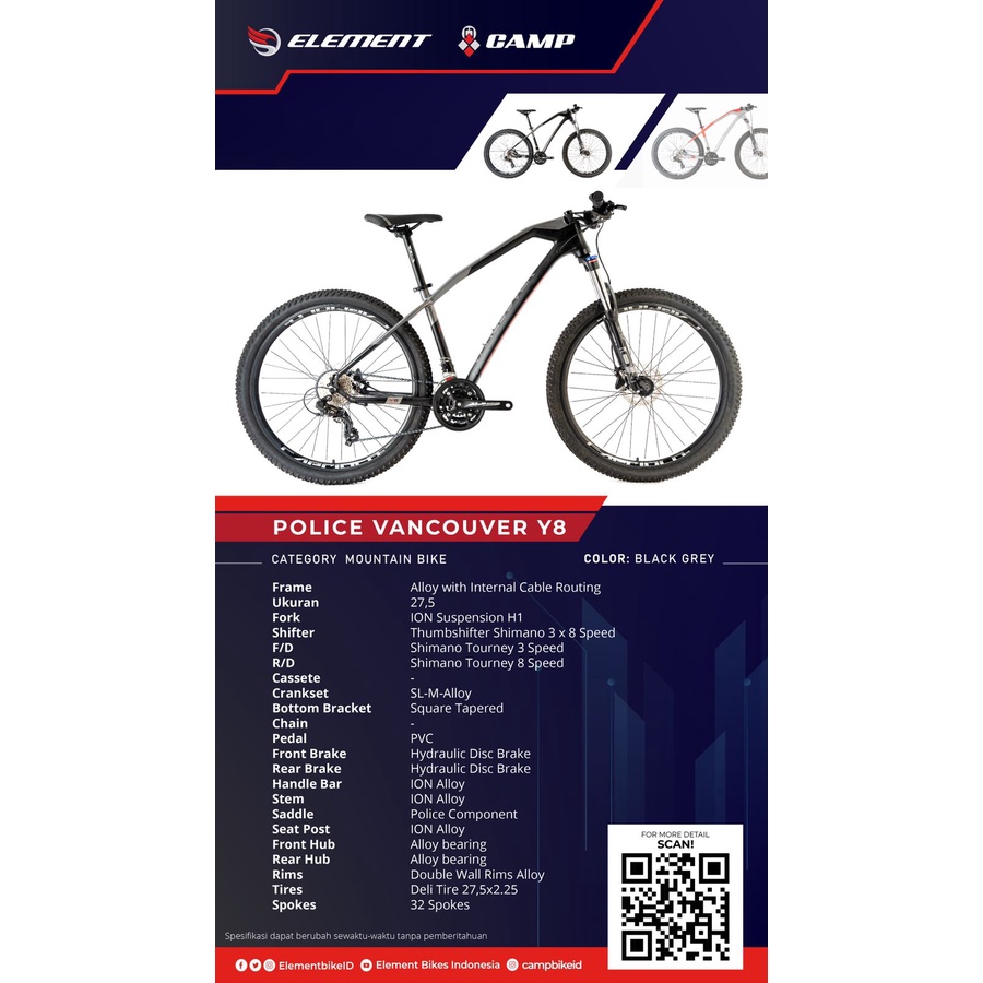 Sepeda Gunung MTB Police Vancouver Y8 24 Speed by Element New Design Police Bike Garansi SNI-Black Grey