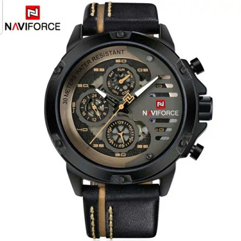Jam Tangam Naviforce Original 9110 Pria Analof Strap Kulit