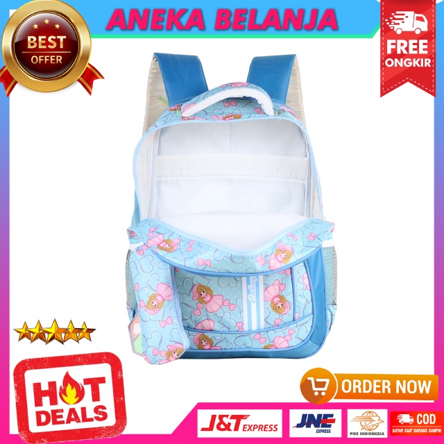 Ransel Backpack Sekolah Anak Cewek Cahaya Princess Strip Biru Lucu Keren Imut Free Tempat Pensil