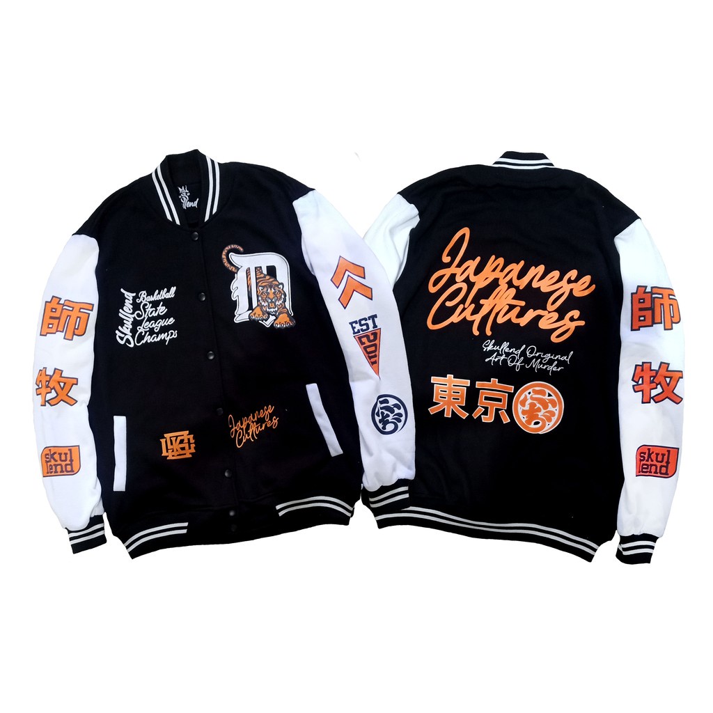 Varsity Jacket Baseball Vintage Pria Wanita - Jaket Varisty Jaket Besball Bisbol Cowok Cewek Original Distro Bandung-JAPAN BLACK WHITE