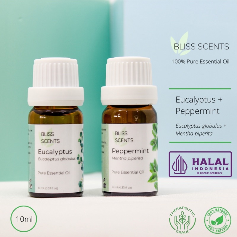 BLISS SCENTS Paket Eucalyptus + Peppermint Essential Oil Aromatherapy 100% Murni Therapeutic Grade Aromaterapi