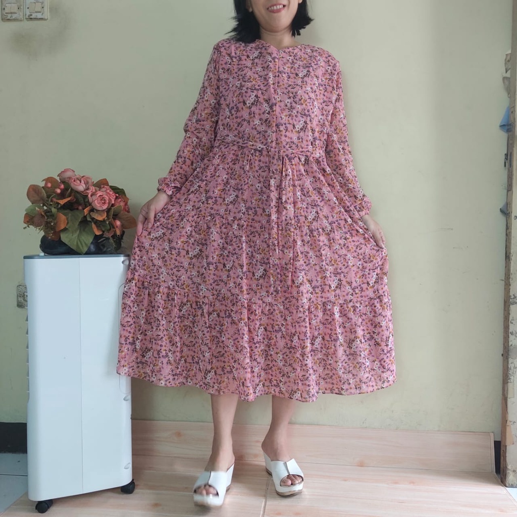 Long Tunik Ceruty Motif Bunga Lengan Panjang / Long Tunik Tali samping Korean Style Outfit Wanita