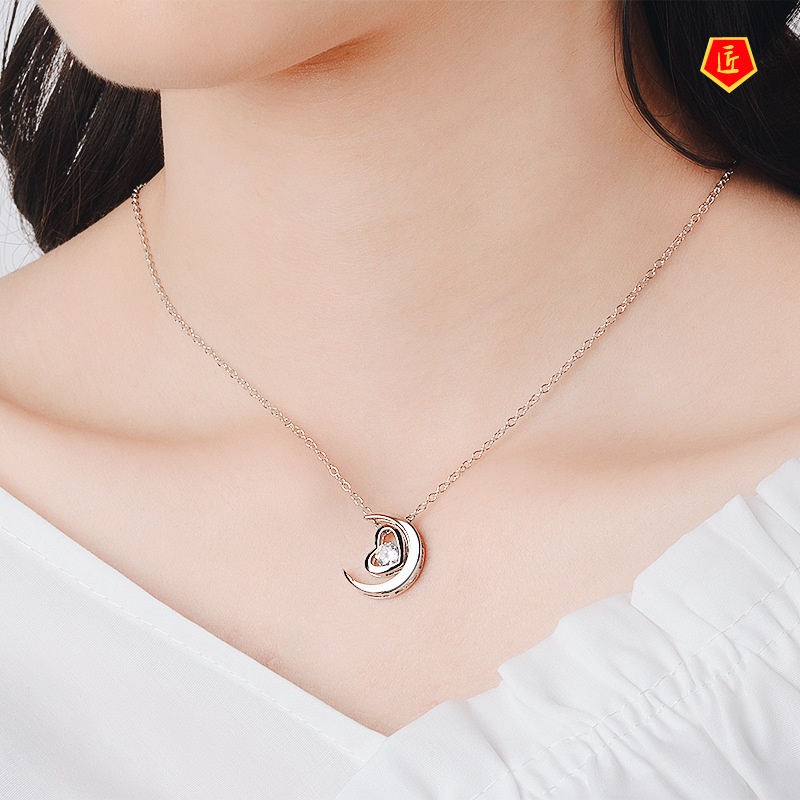 [Ready Stock]Japanese and Korean 925 Silver Necklace Heart-Shaped Moon Pendant