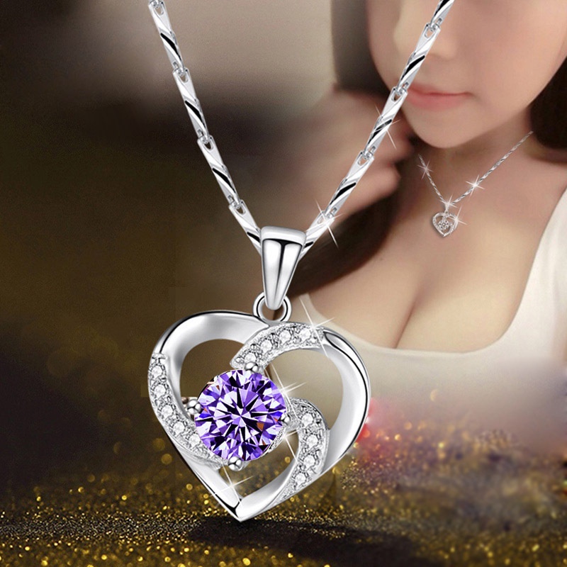 [Ready Stock]Fashion Heart-Shaped Pendant 925 Silver-Plated Diamond Sapphire Necklace