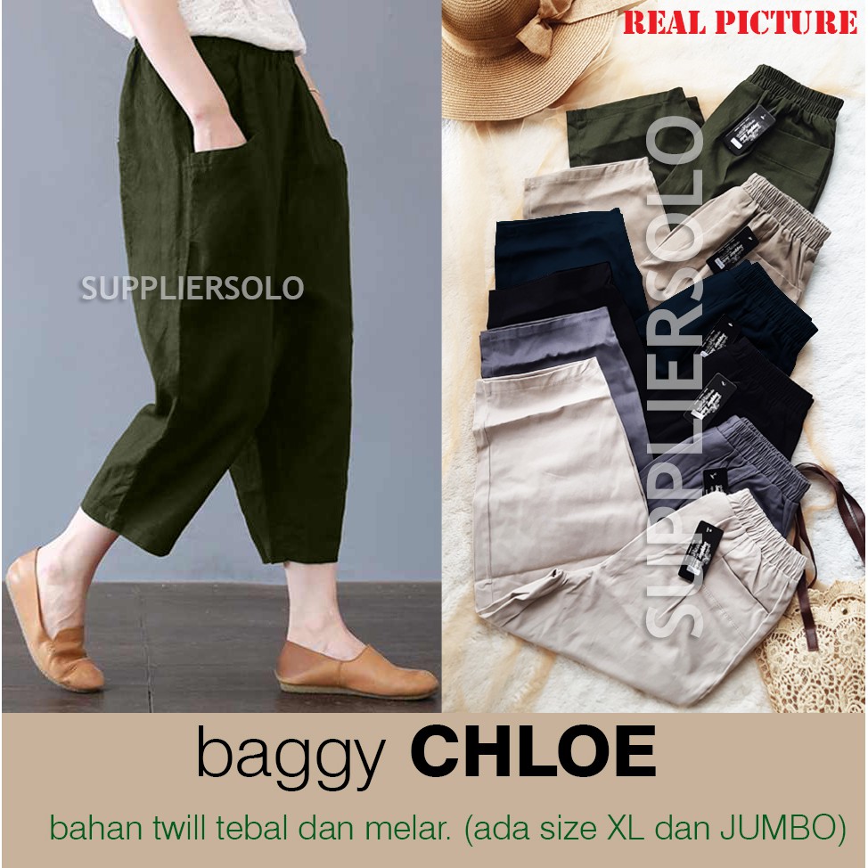 CELANA BAGGY CHLOE TWILL PREMIUM WANITA KOREA (TEBAL DAN MELAR) SIZE XL dan JUMBO XXL dan SUPER JUMBO XXXL muat 100KG