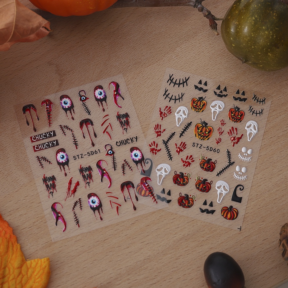 【COD Tangding】Stiker Kuku Motif Tengkorak / Laba-Laba / Labu Untuk Halloween