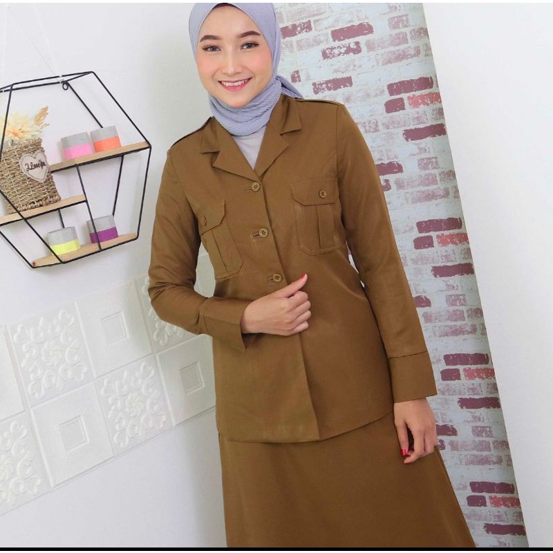 BAJU PEMDA SERAGAM DINAS PEMDA BAJU PNS DAN ASN FREE HIJAB  WARNA KHAKY COKLAT KANTONG ATAS ROK A