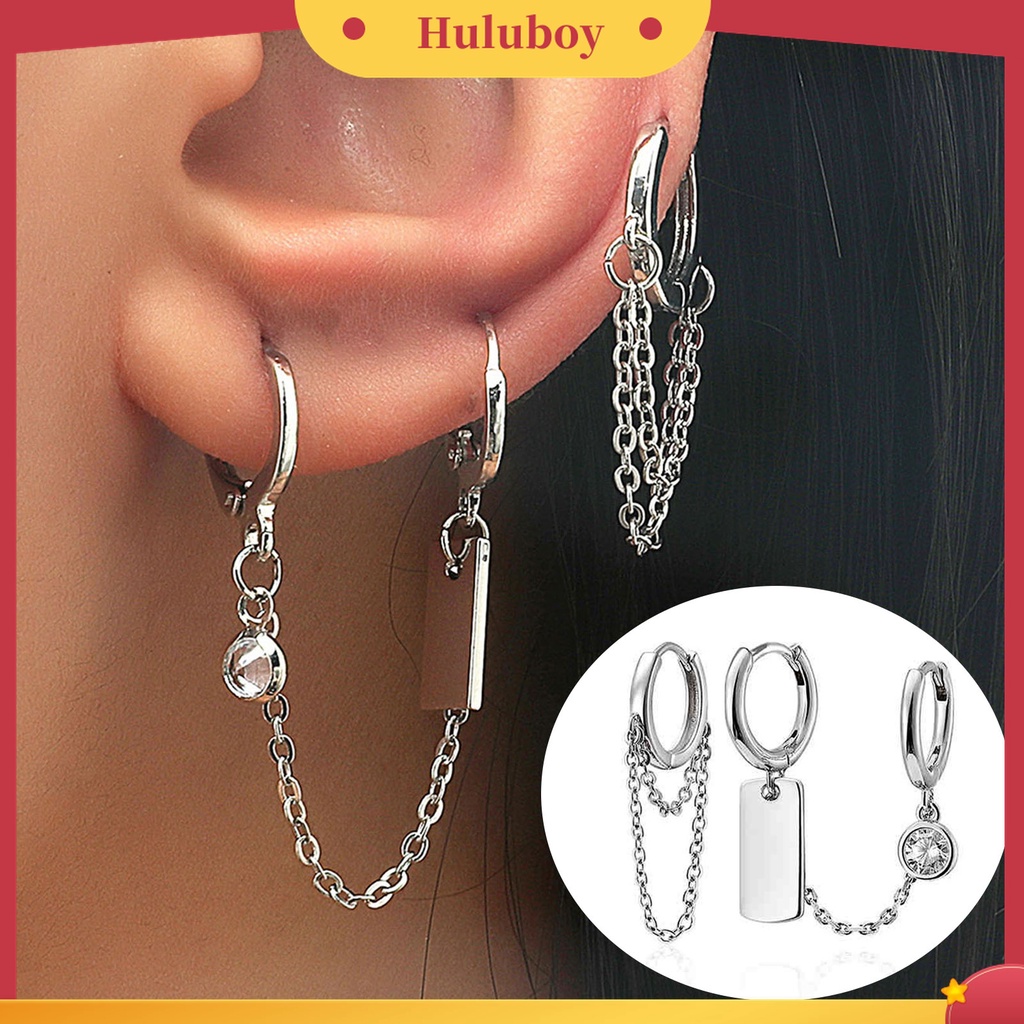 2 Pcs / Set Anting Hoop Rantai Liontin Lingkaran Asimetris Bahan Alloy Untuk Tindik Telinga