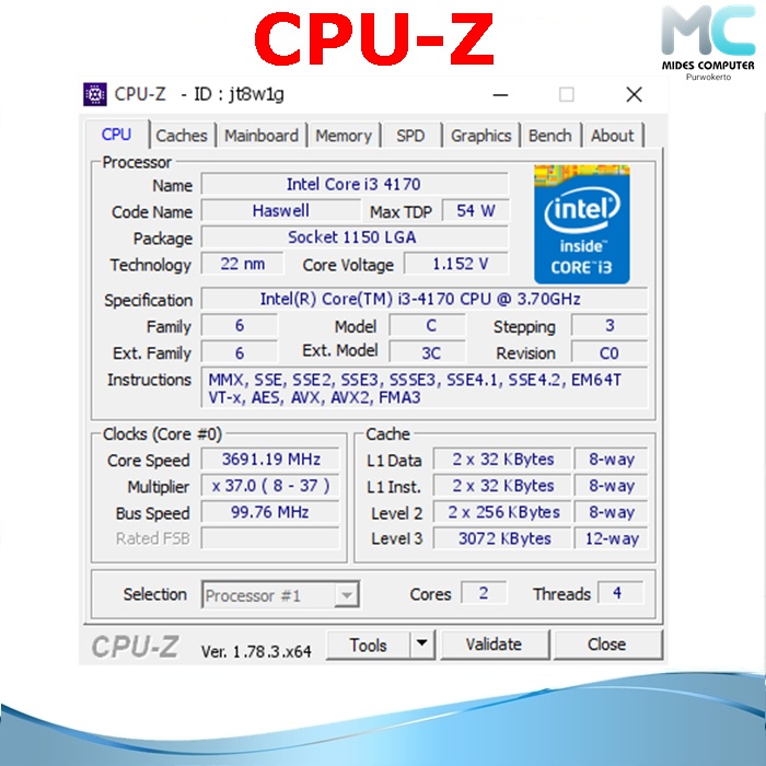 Processor Intel LGA 1150 Core I3 4170 Dan Fan Intel