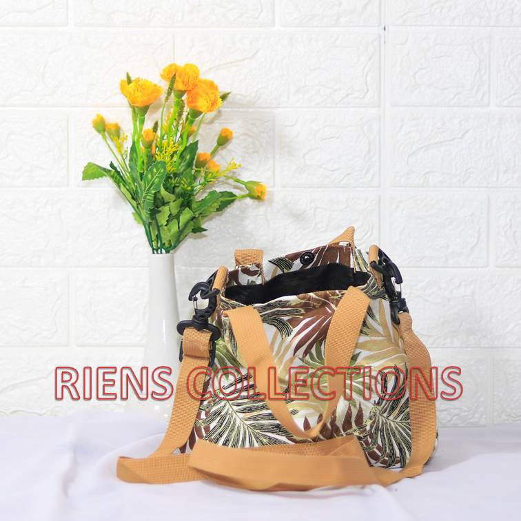 SLING BAG TAS SELEMPANG KANVAS MOTIF FLORAL PALM COKLAT RIENS COLLECTIONS. TAS KANVAS JOGJA