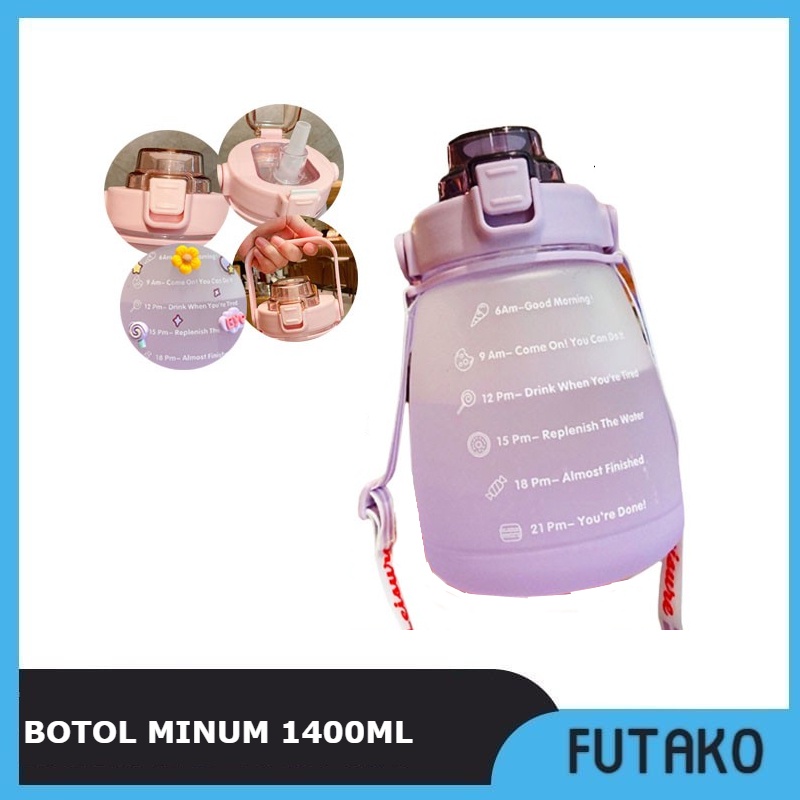 FUTAKO Botol Minum Motivasi 1400 ml / 1.4 LITER / Botol Minum Penanda Waktu / Botol Anak