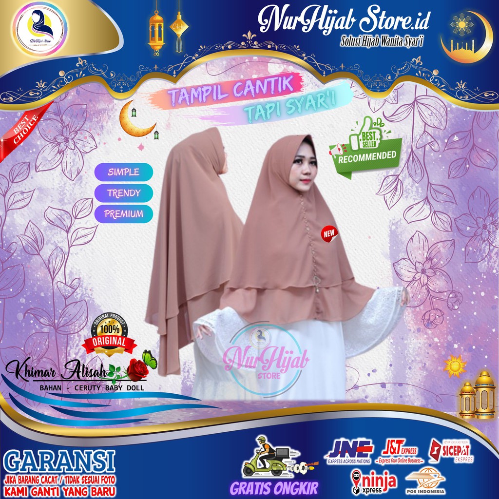 Hijab Jilbab Kerudung Khimar Alisah Wanita Cantik Syari Ceruty Motif 2 Layer Pet Jumbo Murah Terbaru