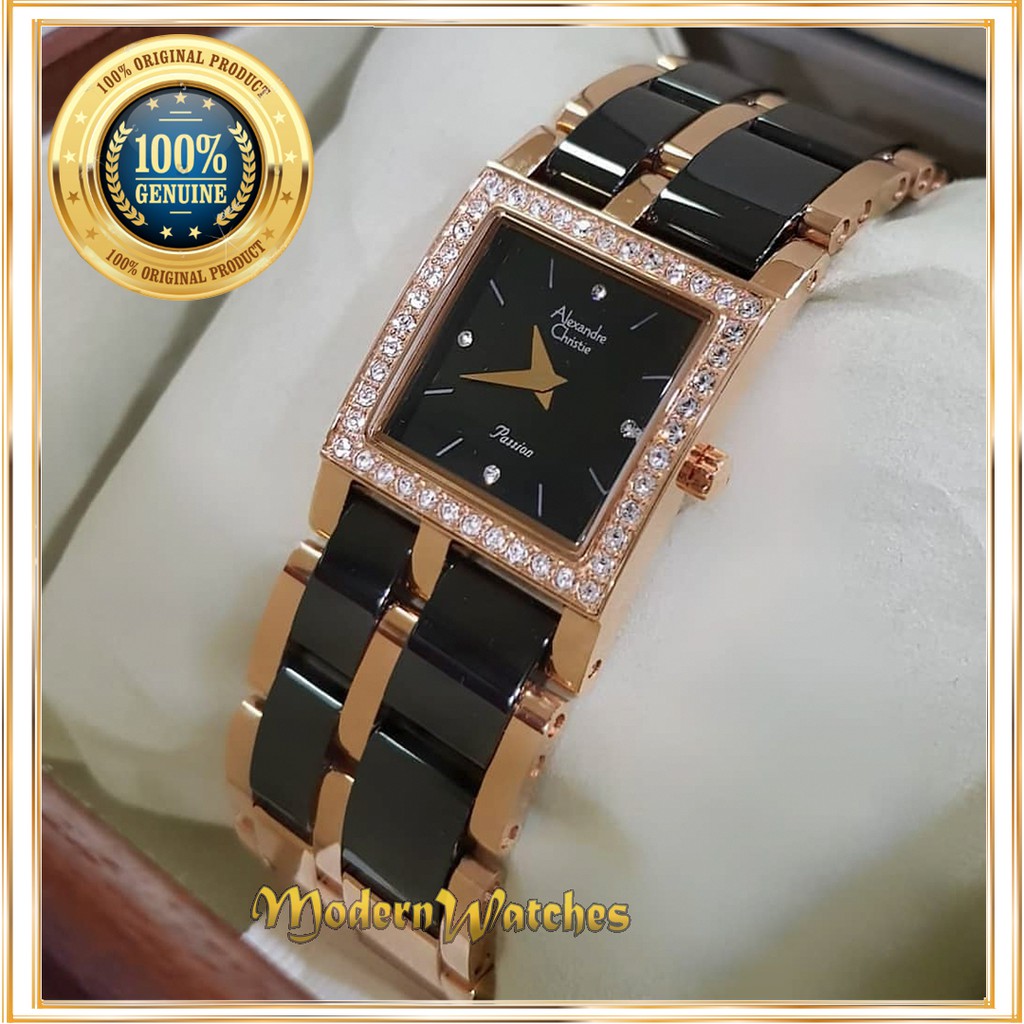 Jam Tangan Wanita Ori Alexandre Christie AC 2314 Black Rosegold Hitam Ceramic Keramik Alexander