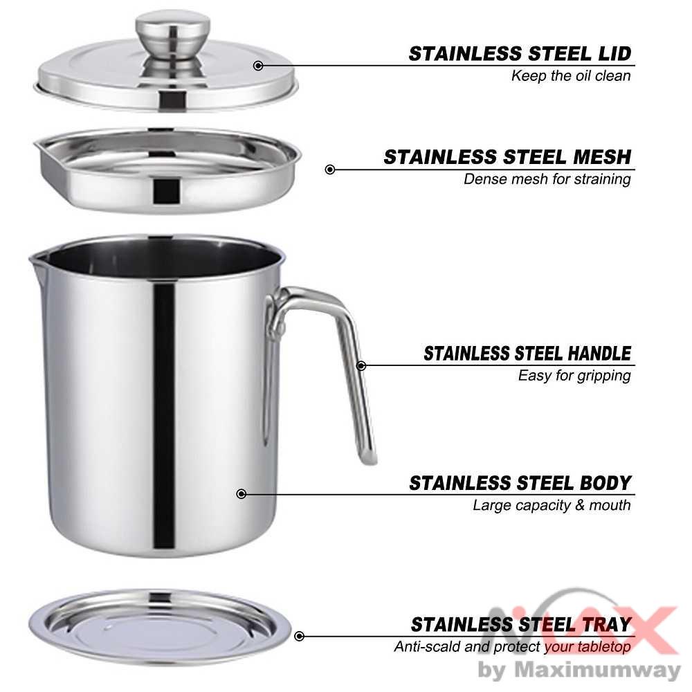 COOKKIT Panci Saringan Minyak Oil Strainer Stainless Steel penampung minyak penyaring minyak goreng Stainless Steel Grease Container with Strainer ,1.8L/2.0L Condiment Container Large Capacity Filter for Kitchen Cooking